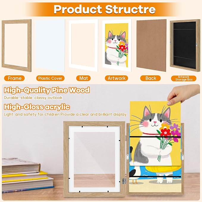 2 Pack Kids Artwork Frames Changeable 10 x 12.5 Inch Children Art Projects Kids Art Frames Front Opening Picture Display Frame, Wood