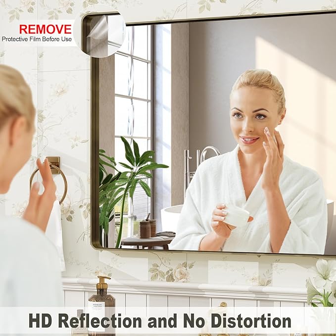 48x32 Bronze Framed Bathroom Mirror, Brushed Bronze Metal Vanity Mirror, Bronze Rectangle Mirror for Wall, Rounded Corner, Tempered Glass, Anti-Rust, Shatterproof (Horizontal/Vertical)
