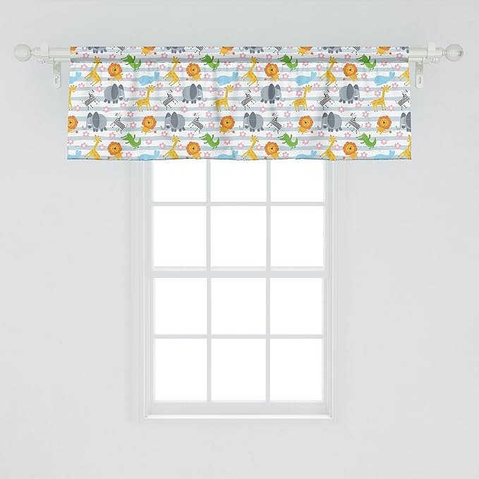 Ambesonne Savannah Window Valance, Friendly Zoo Animals with Happy Faces Cartoon Characters on Stripes Print, Curtain Valance for Kitchen Bedroom Decor with Rod Pocket, 54" X 18", Pale Azure Blue