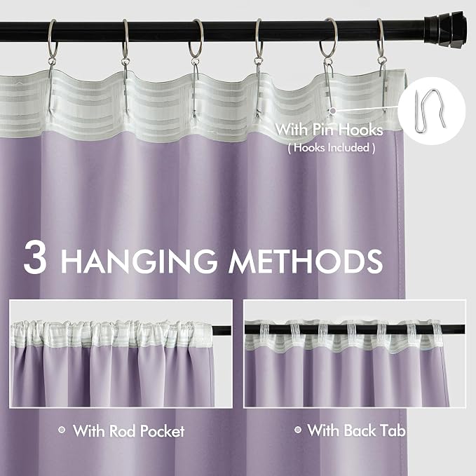 MIULEE Lilac Back Tab Blackout Curtains 52x108 Inch Long 2 Panels Set | Rod - Image 3