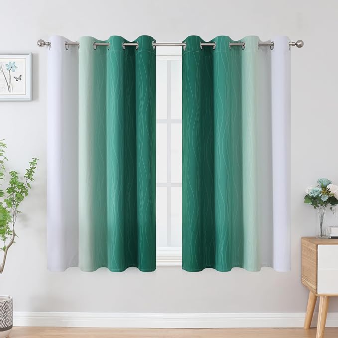 Green and Greyish White Blackout Curtains 52Wx45L 2 Panels | Ombre Curtains - Image 2
