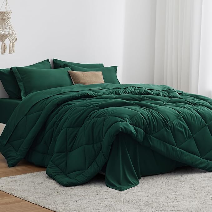 Love's cabin Twin XL Comforter Set Dark Green, 5 Pieces Twin XL Bed in a Bag, All Season Bedding Sets with 1 Comforter, 1 Flat Sheet, 1 Fitted Sheet, 1 Pillowcase and 1 Pillow Sham