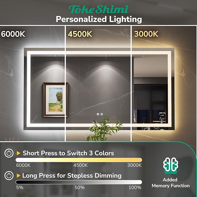 TokeShimi 28x36 LED Mirror for Bathroom,Backlit + Front lit,LED Bathroom Mirror with Lights,Anti-Fog Backlit Mirrror with Tempered Glass,Waterproof,Memory Function,Shatterproof,UL Listed
