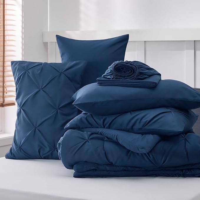 Bedsure Queen Comforter Set Navy - Bed in a Bag Queen Size Bedding 7 Pieces, GentleSoft™ Pintuck Bed Set Gift for Family, Pinch Pleat All Season Comforter with Sheets, Pillowcases & Shams