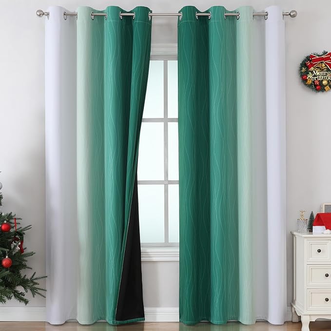 Green and Greyish White Blackout Curtains 52Wx90L 2 Panels | Ombre Curtains - Image 2