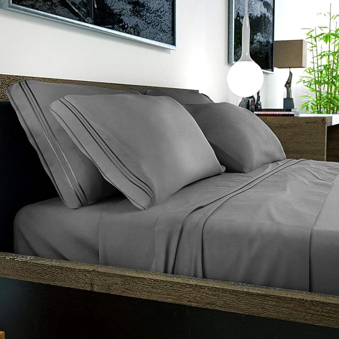 DREAMCARE Sheets Full Size Bed - Cooling Bed Sheets - 6pcs Set - Full Sheet Set - Full Size Sheets - Full Size Sheet Sets Soft & Long Lasting 100% Fine Brushed Polyester with Side Pocket - Dark Gray