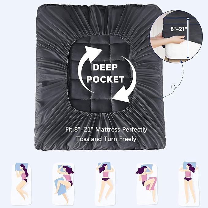 CYMULA Full XL Mattress Topper, Grey Cooling Mattress Pad Cover, Extra Thick Pillow Top Mattress Topper with 8-21 Inch Elasticated Deep Pockets, Plush Down Alternative Fill Mattress Protector