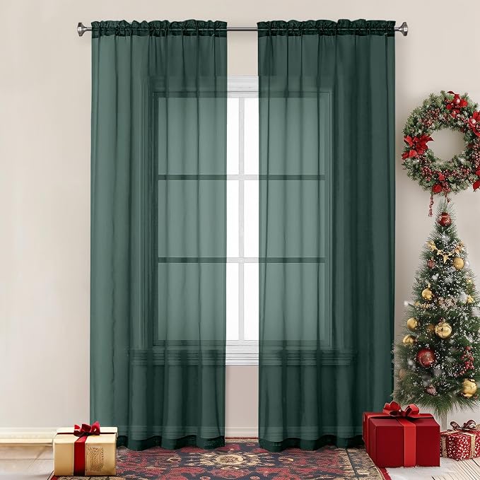 Chyhomenyc Christmas Sheer Curtains 84 Inches Long, 2 Panels, Hunter Green | by Chyhomenyc