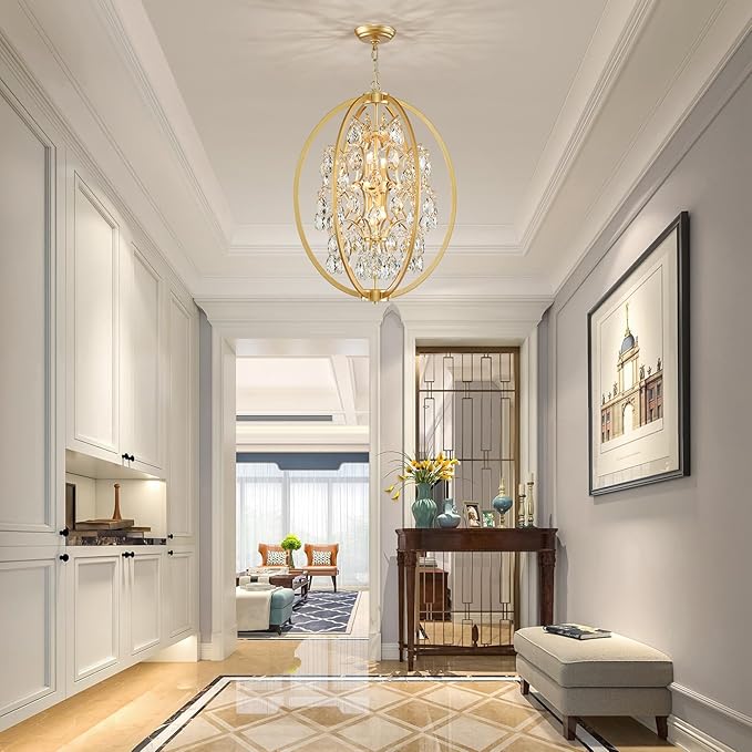 WUZUPS Globe Crystal Chandelier Raindrop Pendant Flushmount Ceiling Light Modern Lighting Fixture for Bedroom Hallway Bar Kitchen Bathroom, H 23.6" x W 19.7", Gold, 8 E12 Base