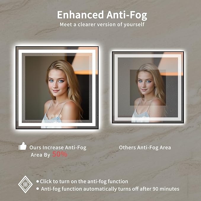 LED Mirror for Bathroom, 36x36 Inch Black Framed Gradient Front and Backlit LED Vanity Mirror, 3 Colors Dimmable CRI>90, IP54 Enhanced Anti-Fog Wall Mounted Lighted Bathroom Mirror