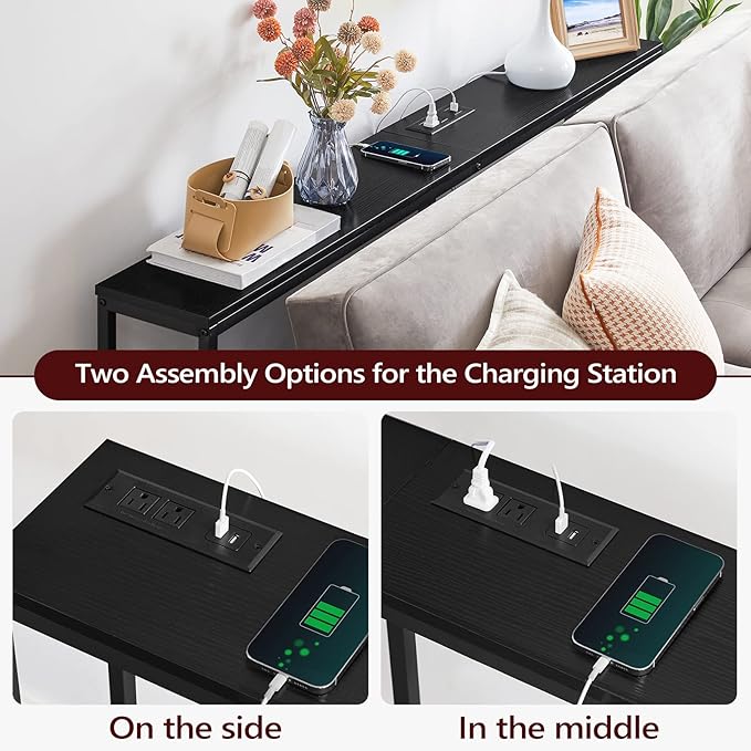 70.9'' Console Table with Power Outlet, Narrow Sofa Table, Industrial Entryway Table with USB Ports, Behind Couch for Entryway, Hallway, Foyer, Living Room, Black CTHB18E01