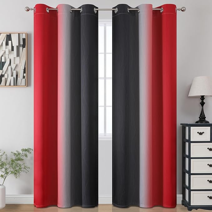 Red and Black Ombre Blackout Bedroom Curtains 84 Inch Long | Room Darkening - Image 2