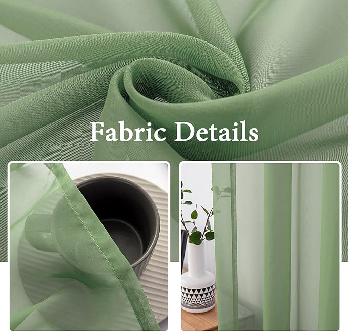 MIULEE Sage Sheer Curtains 54 X 108 Inches Sage, 2 Panels | Solid Color - Image 3