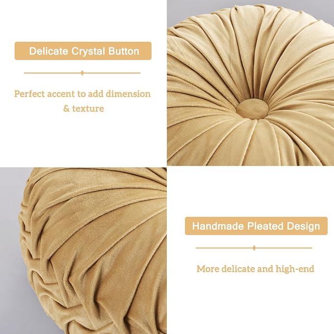 HIG Set of 2 Apricot Velvet Decorative Round Pleated Throw Pillows - Image 3