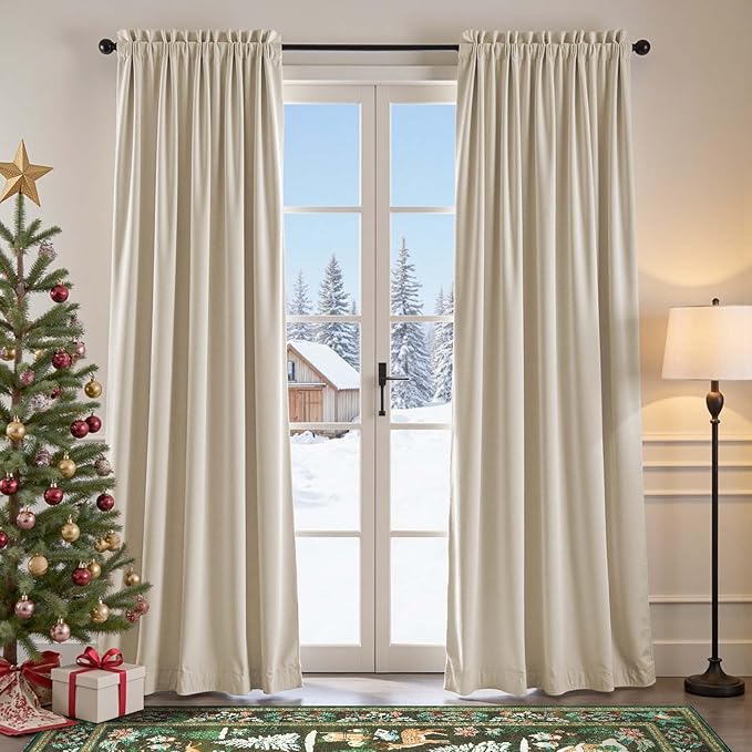 Lazzzy Velvet Blackout Curtains Thermal Insulated Room Window Drapes Super Soft Luxury Curtains for Living Room Bedroom Rod Pocket 2 Panels, Beige, 52" W x 84" L