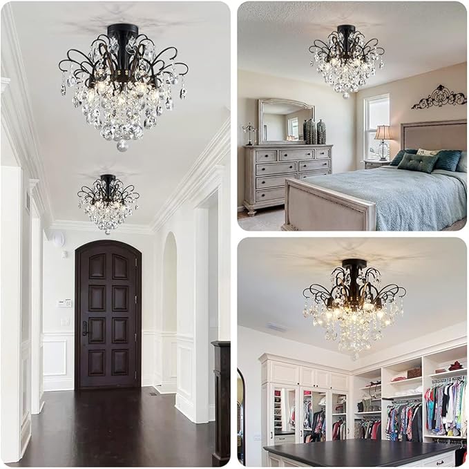 WUZUPS Crystal Chandelier Flushmount Ceiling Light Modern Lighting Fixture for Bedroom Hallway Bar Kitchen Bathroom, H 17.5'' x W 19.3'', E12 Base, Black