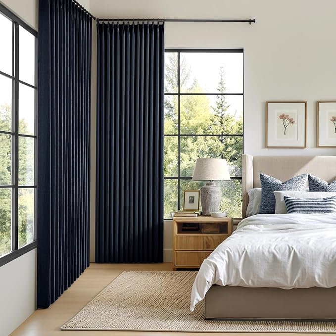 MIULEE Navy Blue Pinch Pleated 100% Blackout Linen Curtains 40x108 Inches | - Image 2