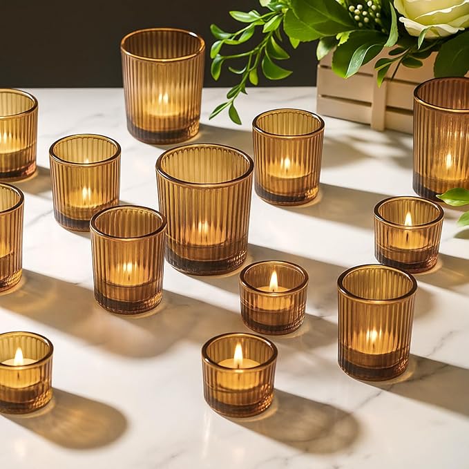 Mumufy 48 Pcs Assorted Votive Candle Holders Ribbed Glass Tealight Candle Holder Bulk for Table Centerpiece, Baby Shower, Home and Wedding Party Decoration (Amber)
