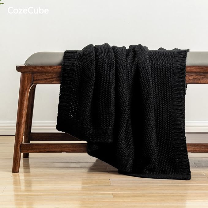 CozeCube Jet Black Seed Stitch Throw Blanket 60"x80", Farmhouse Decor | Blanket - Image 3