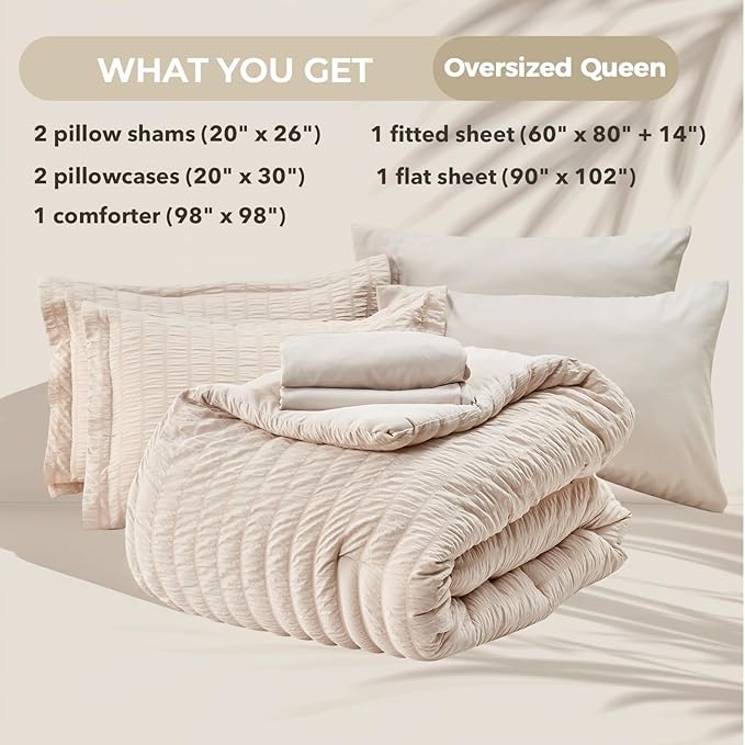 HYMOKEGE Beige Oversized Queen Comforter Set Seersucker 7 Pieces, All Season Luxury Bed in a Bag for Bedroom, Bedding Set with Comforter, Sheets, Pillowcases & Shams