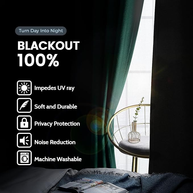 SimpleHome Dark Green 100% Blackout Curtains Room Darkening Living Room 45 | - Image 3