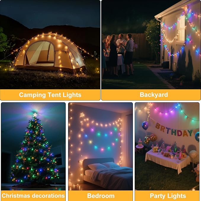 Moobibear Camping String Lights, Quick Storage, 66FT/200LED RGB Rechargeable Tent Lights String with USB 8 Lighting Modes, Hanging Waterproof Portable LED Lamp for for Camping Essentials, Yard, Party
