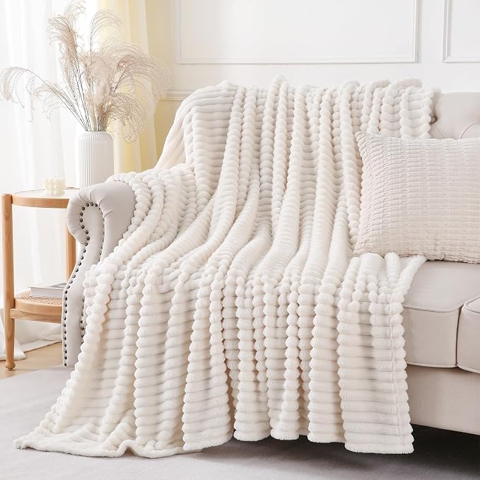 Cream White Throw Blanket for Couch Sofa 50x70 inches Striped Design | Fleece - Image 3