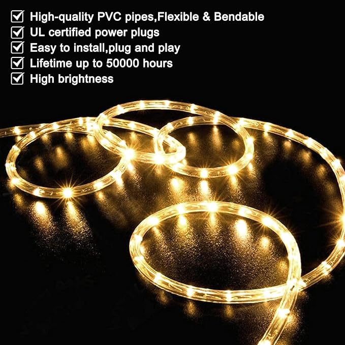SURNIE LED Rope Lights Outdoor Warm White, Waterproof 25FT Cuttable 3000K Soft Lighting Indoor 110V Flexible Clear Tube for Bedroom Outside Garden Deck Patio Camping Decor, Not Flat Strip