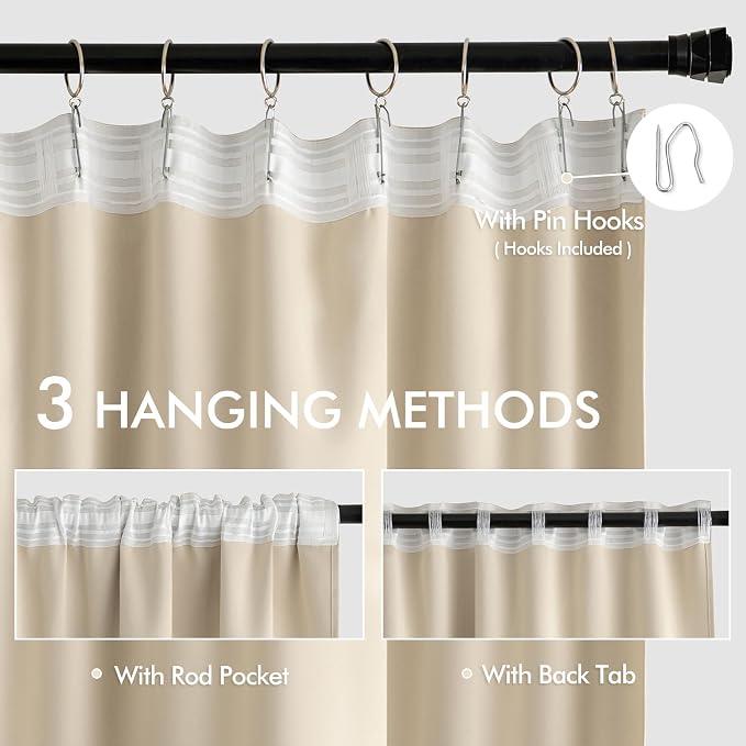 MIULEE Cream Beige Back Tab Blackout Curtains 52x72 Inches Long 2 Panel Set | - Image 3