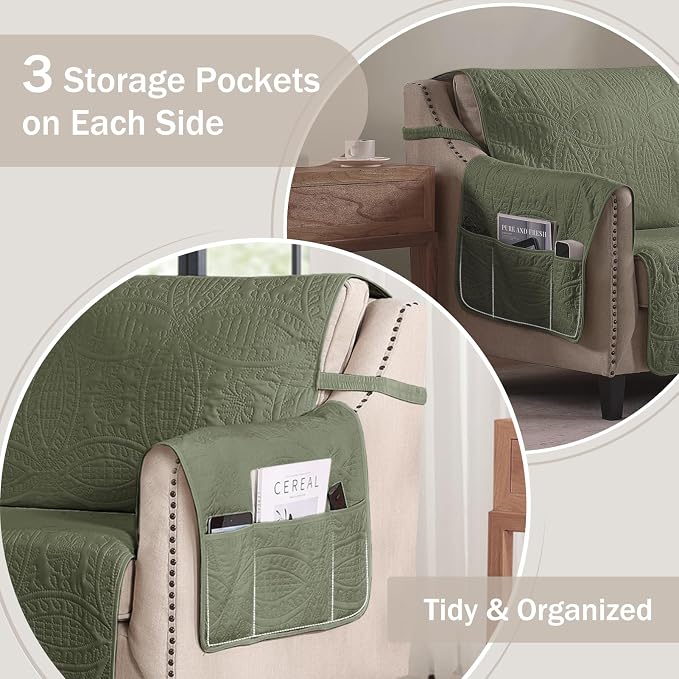 Quilted Olive Green Sofa Slipcovers - Image 4
