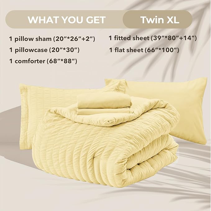 HYMOKEGE Yellow Twin XL Comforter Set Seersucker 5 Pieces, All Season Luxury Bed in a Bag for Bedroom, Bedding Set with Comforter, Sheets, Pillowcase & Sham