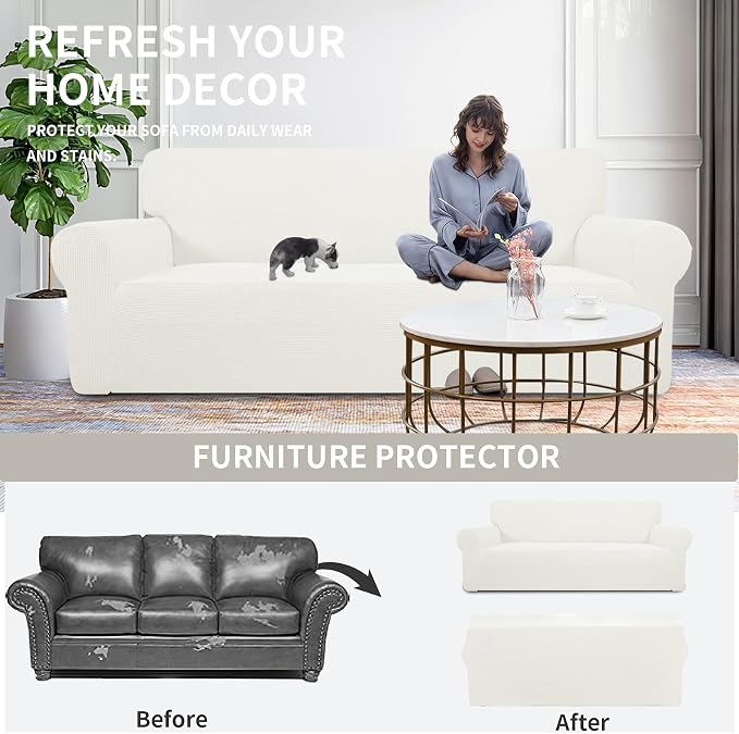 Easy-Going Stretch 4 Seater Oversized Sofa Couch Cover Cream | 1-Piece Extra - Image 5