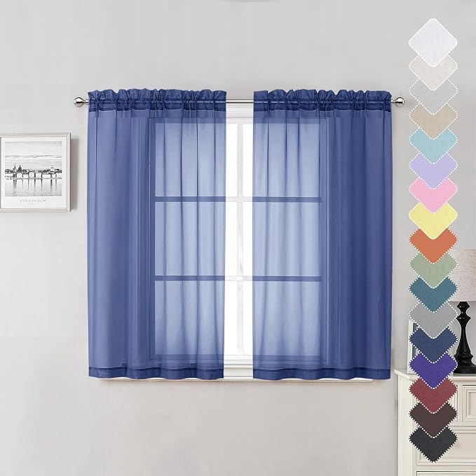 Royal Blue Sheer Curtains 45 Inch Length 2 Panels, Voile Rod Pocket Curtain by Lecloud