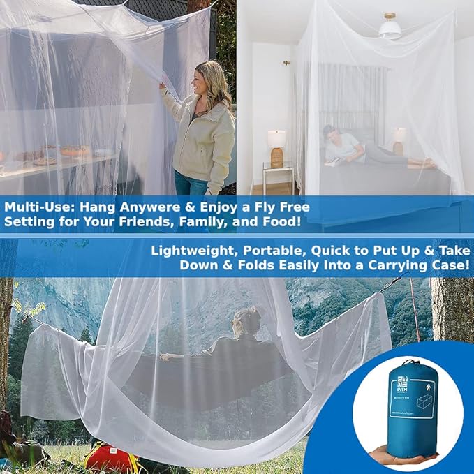 EVEN NATURALS Luxury Mosquito Net for Double to King Size Bed Canopy | Camping Screen House | Finest Mesh – 300 Holes per Square Inch, 2 Entries, Easy to Install, Hanging Kit, Storage Bag (X-Large)
