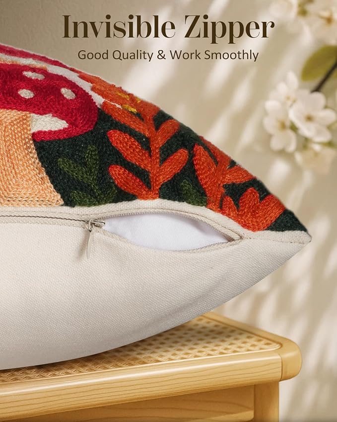 Embroidered Lumbar Pillow Cover 20x12 Inch, Mushroom Moon | Decorative Throw - Image 3