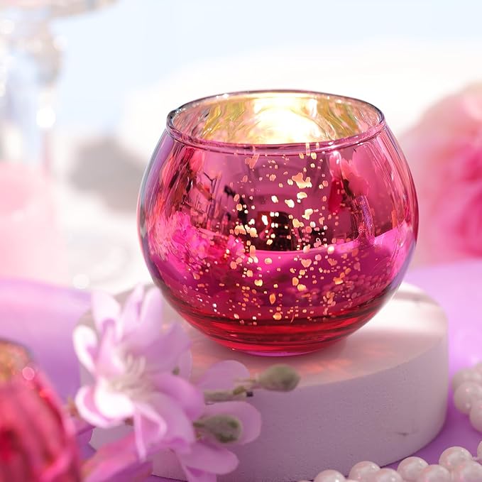 LAMORGIFT 12 Pcs Hot Pink Candle Holders for Barbie Birthday Party Decorations- Summer Bridal Shower Decorations, Votive Candle Holders for Wedding, Pink Candle Centerpieces for Disco, Cowgirl Party