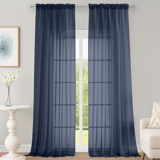 Sheer Navy Blue Curtains 108 Inches Long by OWENIE