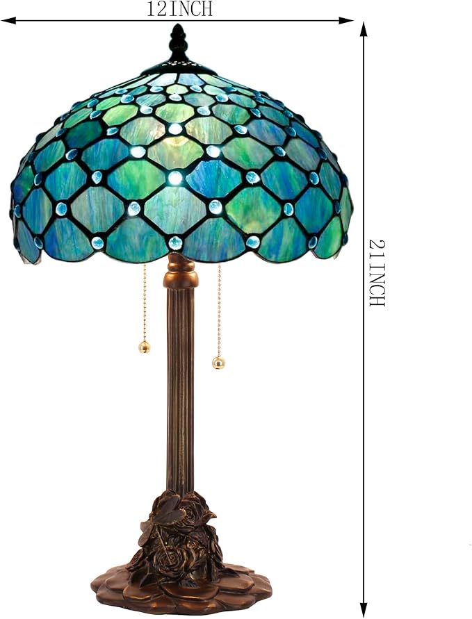 Tiffany Stained Glass Table Lamp 12X12X21Inch Resin Base Desk Bedroom Living Room Reading Light (Sea Blue Pearl)