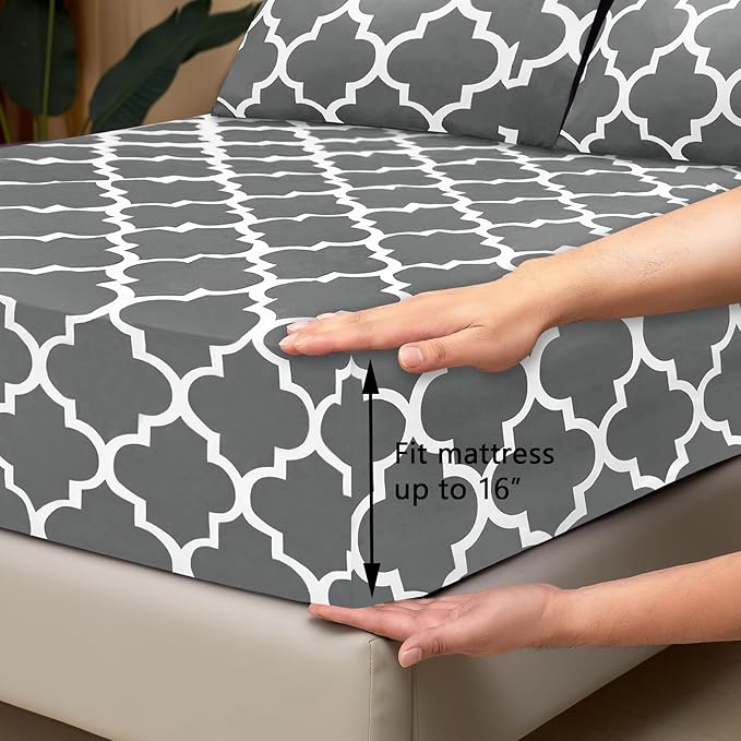 Mejoroom Queen Bed Sheet Set - Super Soft Brushed Microfiber 1800 Thread Count Queen Sheets with 16 inch Deep Pocket - Wrinkle Free - 4 Piece(Queen, Gray Quatrefoil with White Pattern)