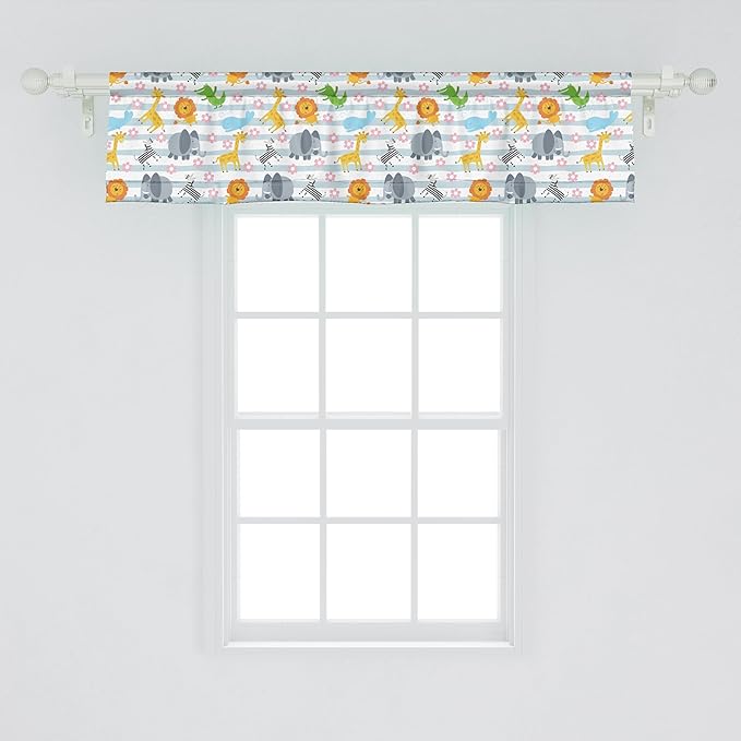 Ambesonne Savannah Window Valance Pack of 2, Friendly Zoo Animals with Happy Faces Cartoon Characters on Stripes Print, Rod Pocket Curtain Valances for Kitchen Bedroom, 42" X 12", Pale Azure Blue