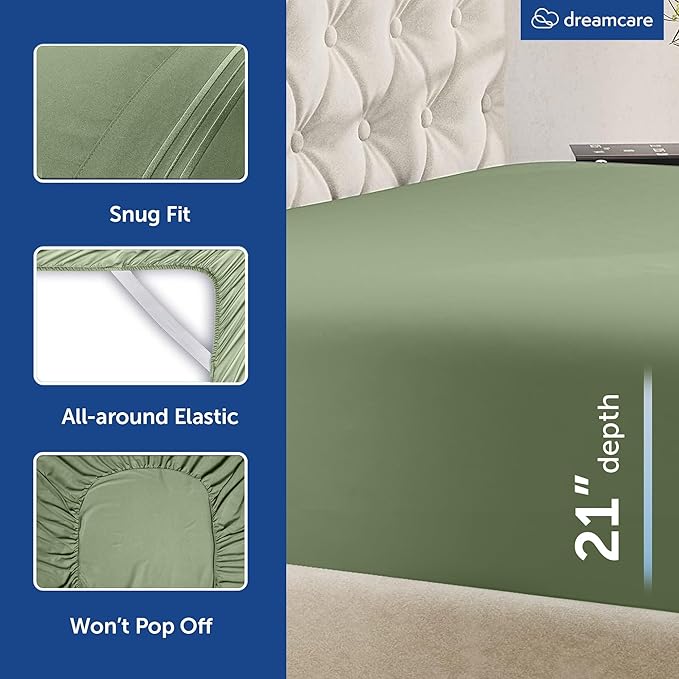 DREAMCARE King Size Sheets Set – 6 pcs Cooling Bed Sheets – up to 21” Deep Pocket King Sheet Set – 2500 Supreme Collection – Extra Soft 100% Brushed Microfiber Hotel Luxury with Side Pocket – S Green