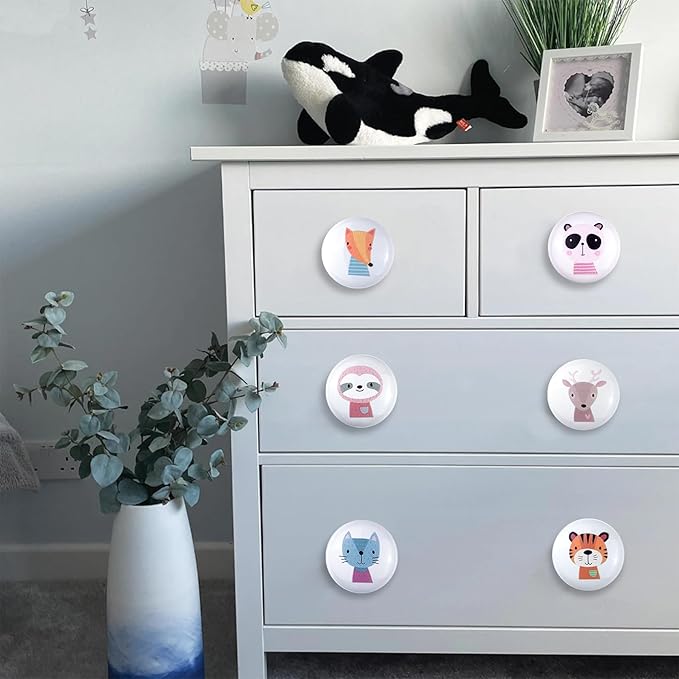 6pcs 1.5" 6Pack Cute Safari Animal Ceramics Kids Cabinet Furniture Nursery Cabinet Dresser Drawer Knobs and Door Pulls