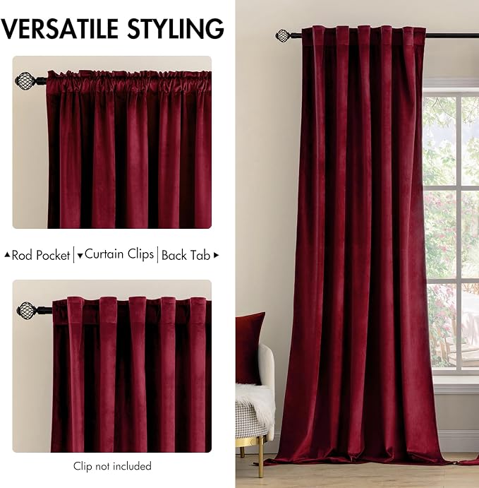 MIULEE Velvet Blackout Curtains 52x108 inches 2 Panels Burgundy Red | Luxury - Image 2