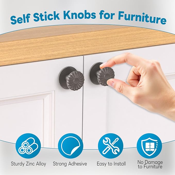 Self Adhesive Drawer Knobs, 2 Pack Self Stick Door Pull Handles, Zinc Alloy No Drilling Cabinet Knobs for Drawer, Closet, Window, Dresser, Sliding Barn/Glass Shower/Balcony Door (2, Grey)