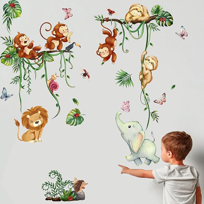 Jungle Animal Wall Stickers Forest Safari Wall Decals Kid Room Nursery Baby Bedroom Décor (Green Vine Monkey Elephant Butterfly)