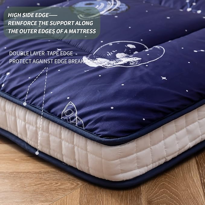 MAXYOYO Navy Space Adventure Futon Mattress, Padded Japanese Floor Mattress Quilted Bed Mattress Topper, Extra Thick Folding Sleeping Pad Floor Lounger Guest Bed for Camping Couch, Twin Size