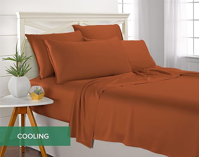 Split King Sheets by Pure Bamboo, Genuine 100% Organic Viscose Derived from Bamboo Bed Sheet Set, Soft & Cooling, Double Stitching *Not for Split Top (Split King, Terracotta)