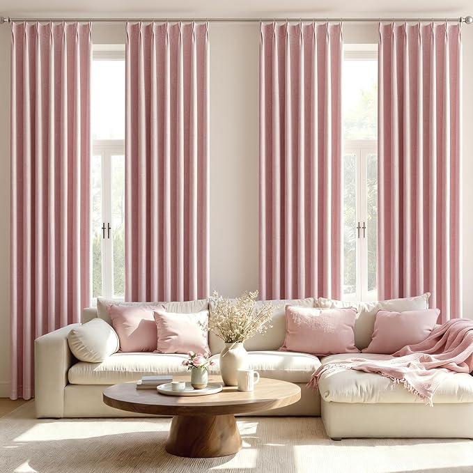 MIULEE Pink Pinch Pleated 100% Blackout Linen Curtains 40x84 Inches | Room - Image 7