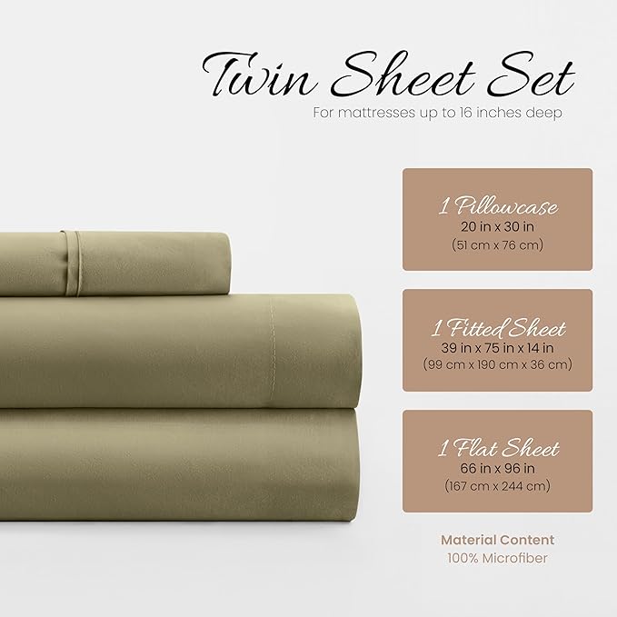 Linen Market Double-Brushed Microfiber Twin Sheet Set 3 Piece – Oeko-TEX Certified Ultra Soft & Wrinkle-Free - 16" Deep Pocket Sheets - Easy Care Twin Size - Sage