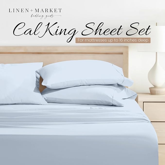 Linen Market Double-Brushed Microfiber California King Sheet Set 4 Piece – Oeko-TEX Certified Ultra Soft & Wrinkle-Free - 16" Deep Pocket Sheets Easy Care Cal-King Size - Light Blue